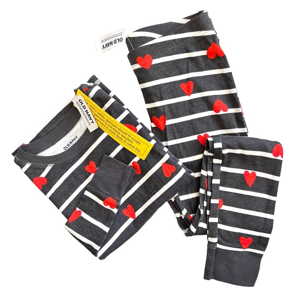 New OLD NAVY Kids Heart Print Striped Cotton Pajama Set Gray Red Sz L (10) - Picture 6 of 6